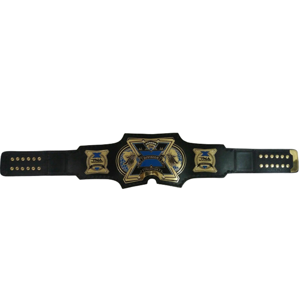 TNA X Division Championship Belt for sale with black leather strap and gold blue metal plates