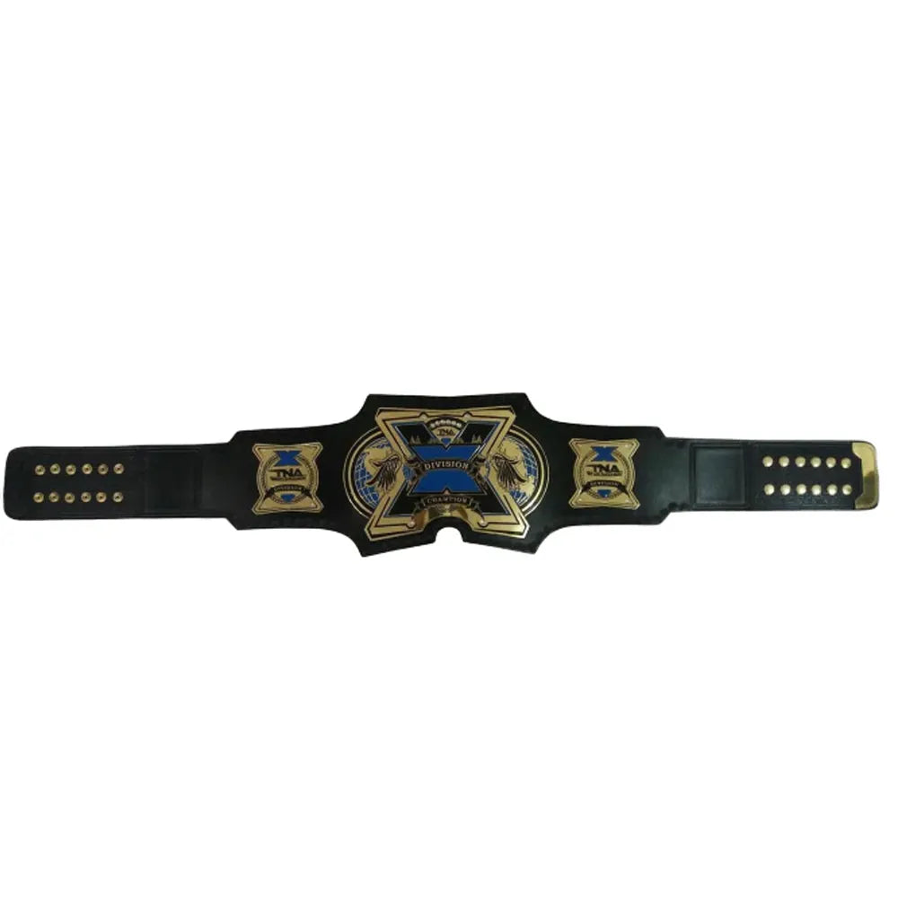 TNA X Division replica belt with black strap and gold blue detailed plates from Championship Belts Online