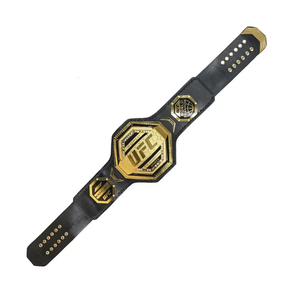 Black and gold UFC championship replica belt with detailed plates and adjustable strap