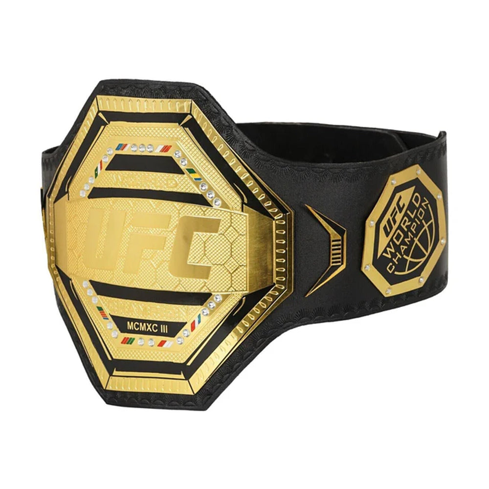 UFC championship replica belt with gold plates and black leather strap from Championship Belts Online