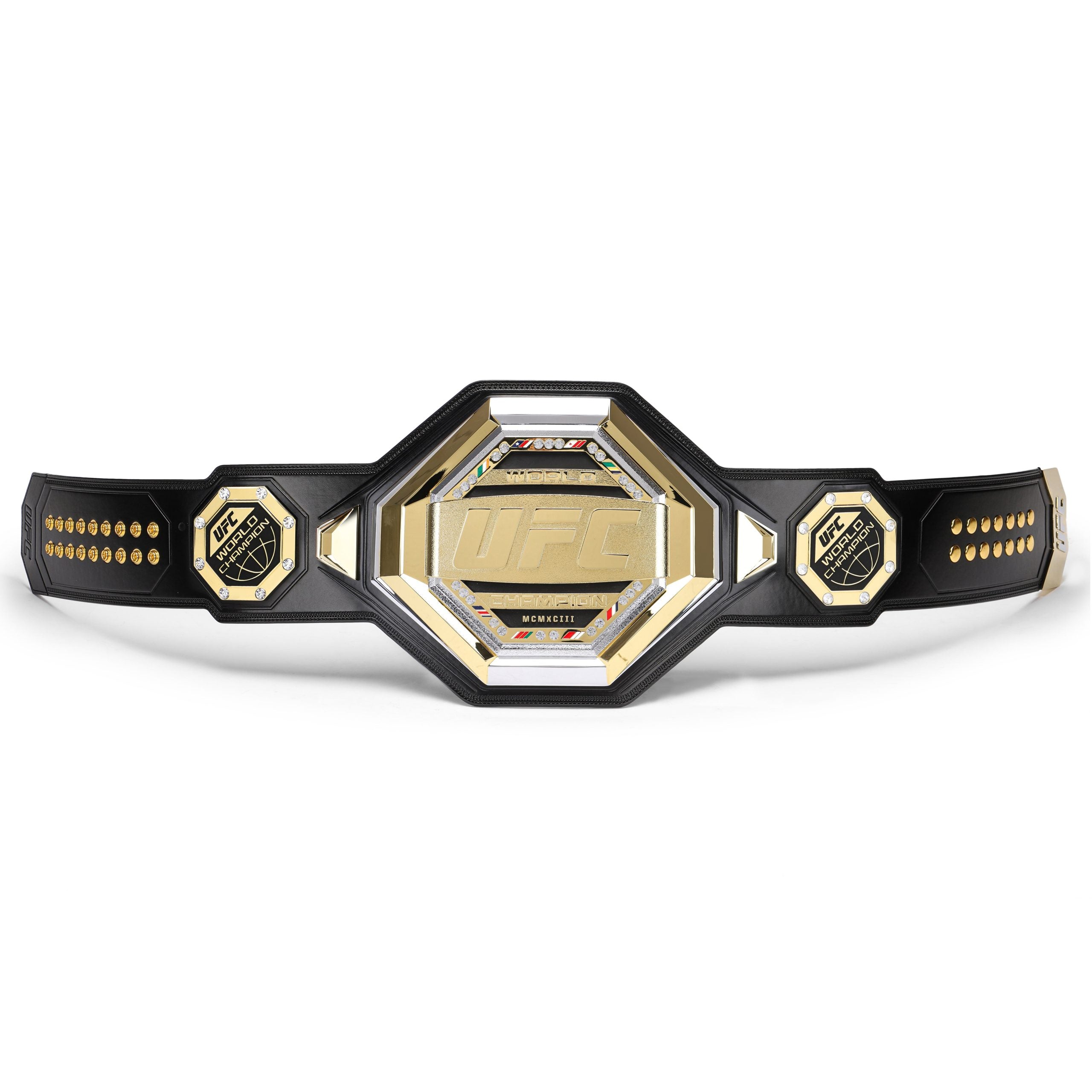 UFC legacy replica belt by Championship Belts Online with black strap and gold detailed center plate