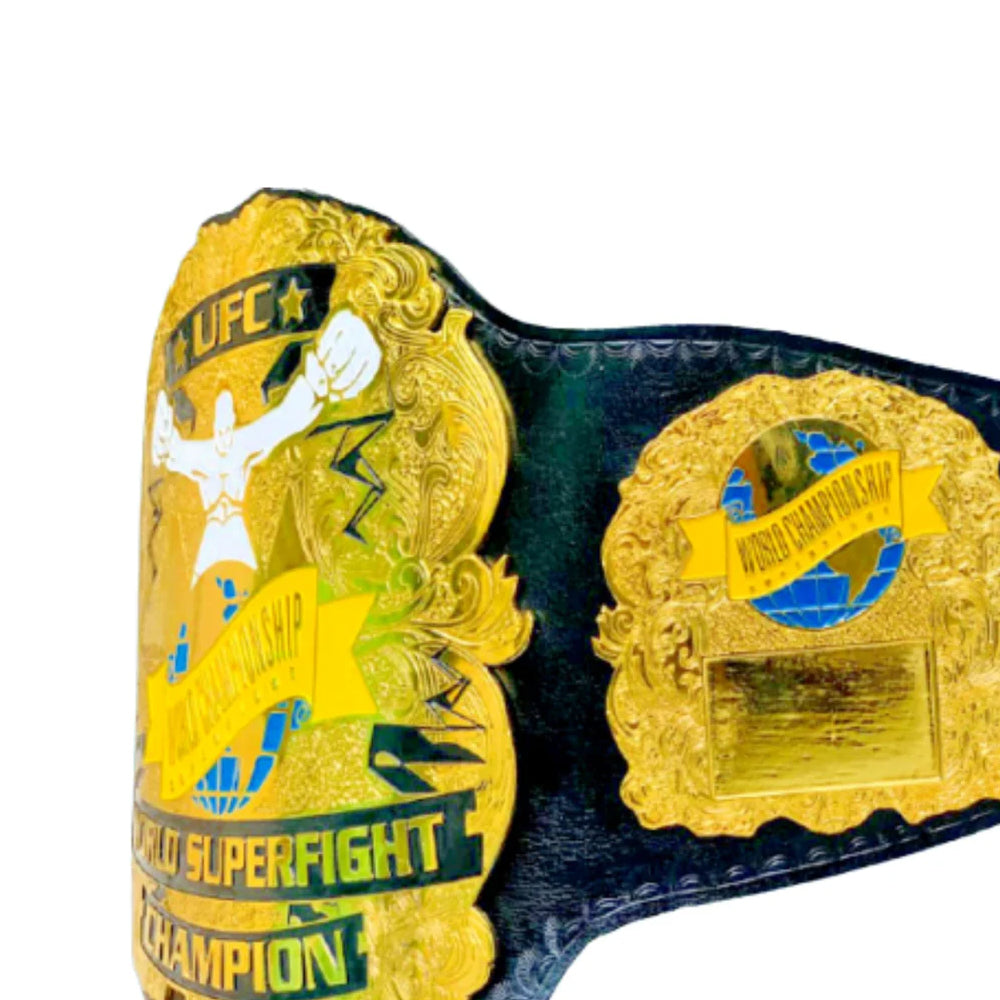 Ultimate fighting championship belt for sale with gold plates and black leather strap by Championship Belts Online