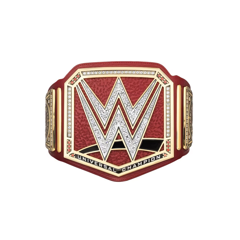 Universal championship replica belt with red leather strap and detailed WWE logo design
