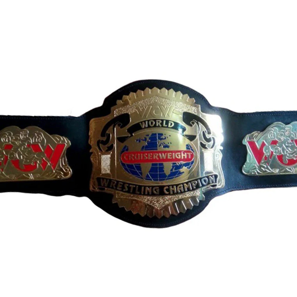 WCW Cruiserweight Championship belt with gold plates and black strap from Championship Belts Online