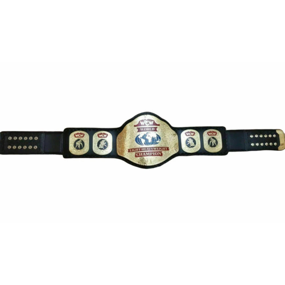WCW light heavyweight championship belt with black strap and gold center plate by Championship Belts Online