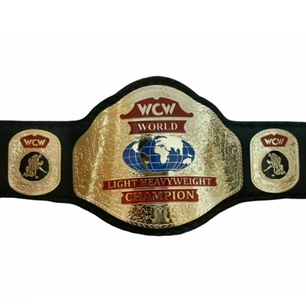 WCW light heavyweight championship belt with gold plates and black strap from Championship Belts Online