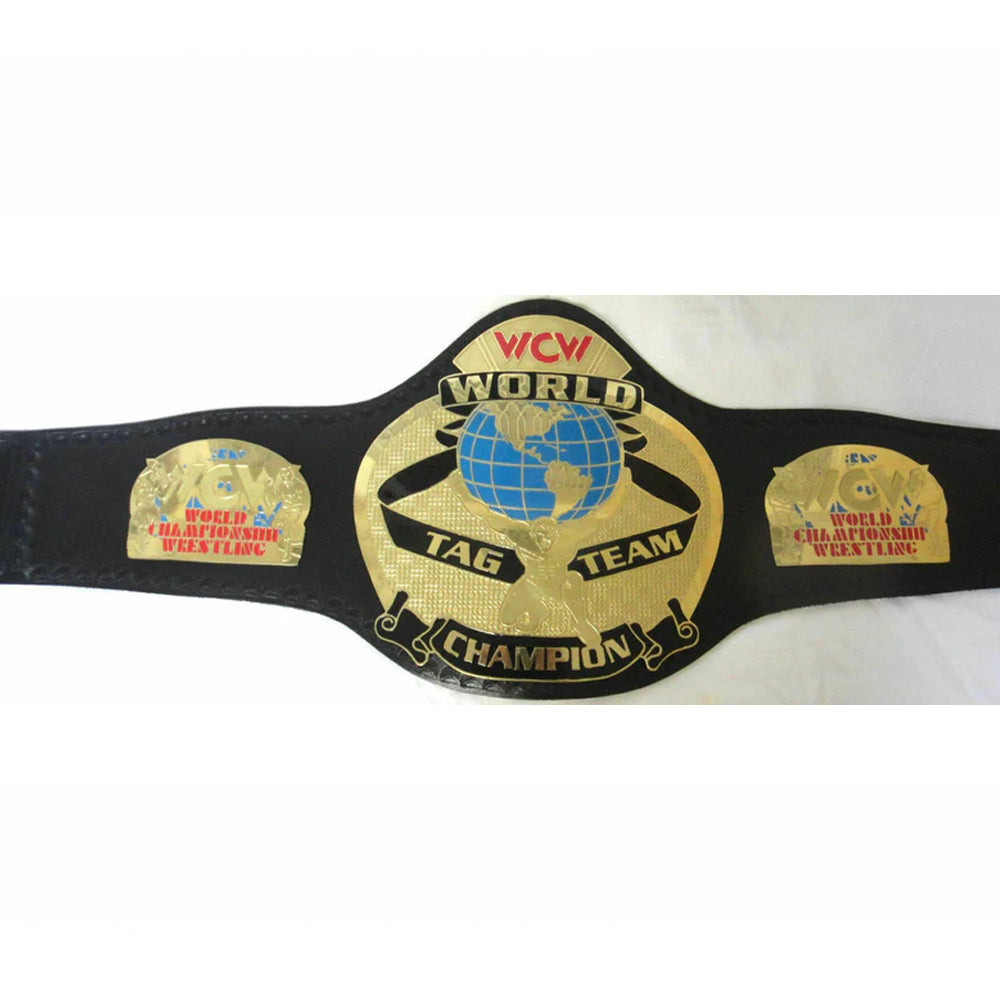 WCW tag team championship belt with black strap and gold plates from Championship Belts Online