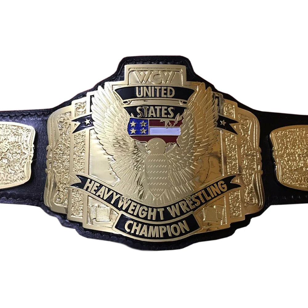 WCW United States Championship belt with gold plates and eagle design on black leather strap
