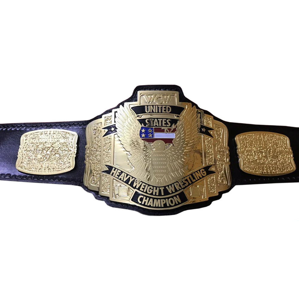 WCW United States Championship belt with detailed gold plates and black leather strap from Championship Belts Online