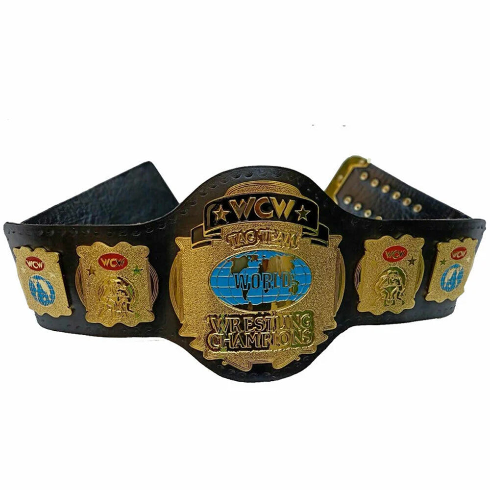 WCW World Tag Team title belt with detailed gold plates on black leather strap from Championship Belts Online