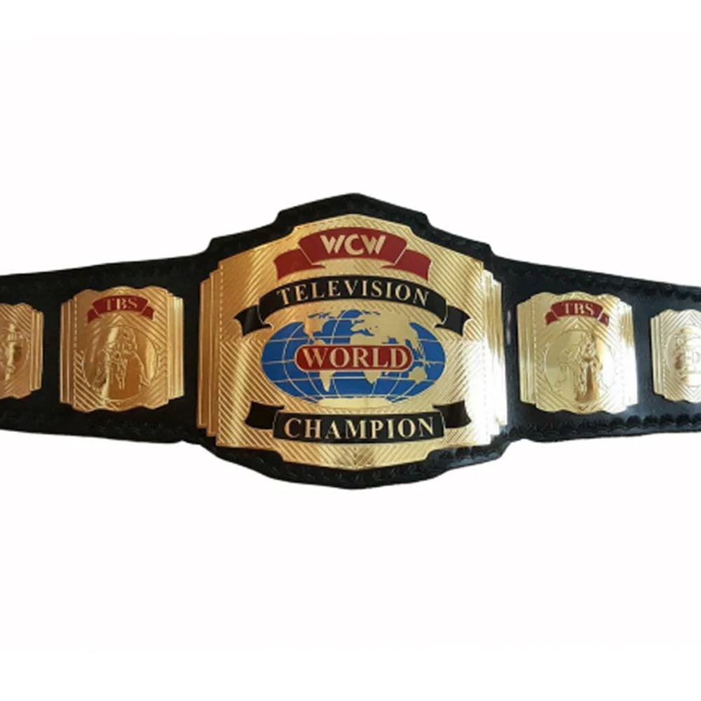 WCW World Television Championship belt with gold plates and black leather strap from Championship Belts Online