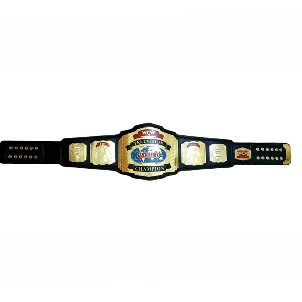 WCW World Television Championship belt with gold plates and black leather strap by Championship Belts Online