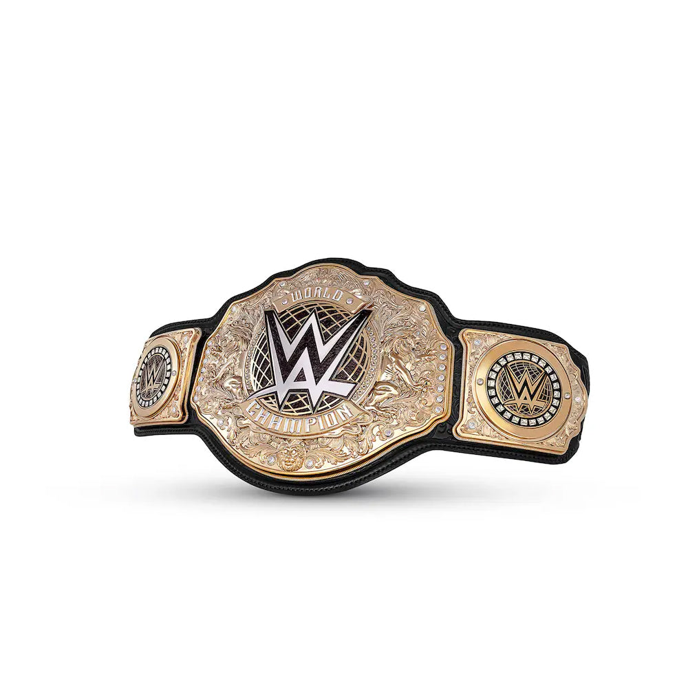 WWE World Heavyweight Title belt for sale with gold plates and black leather strap from Championship Belts Online