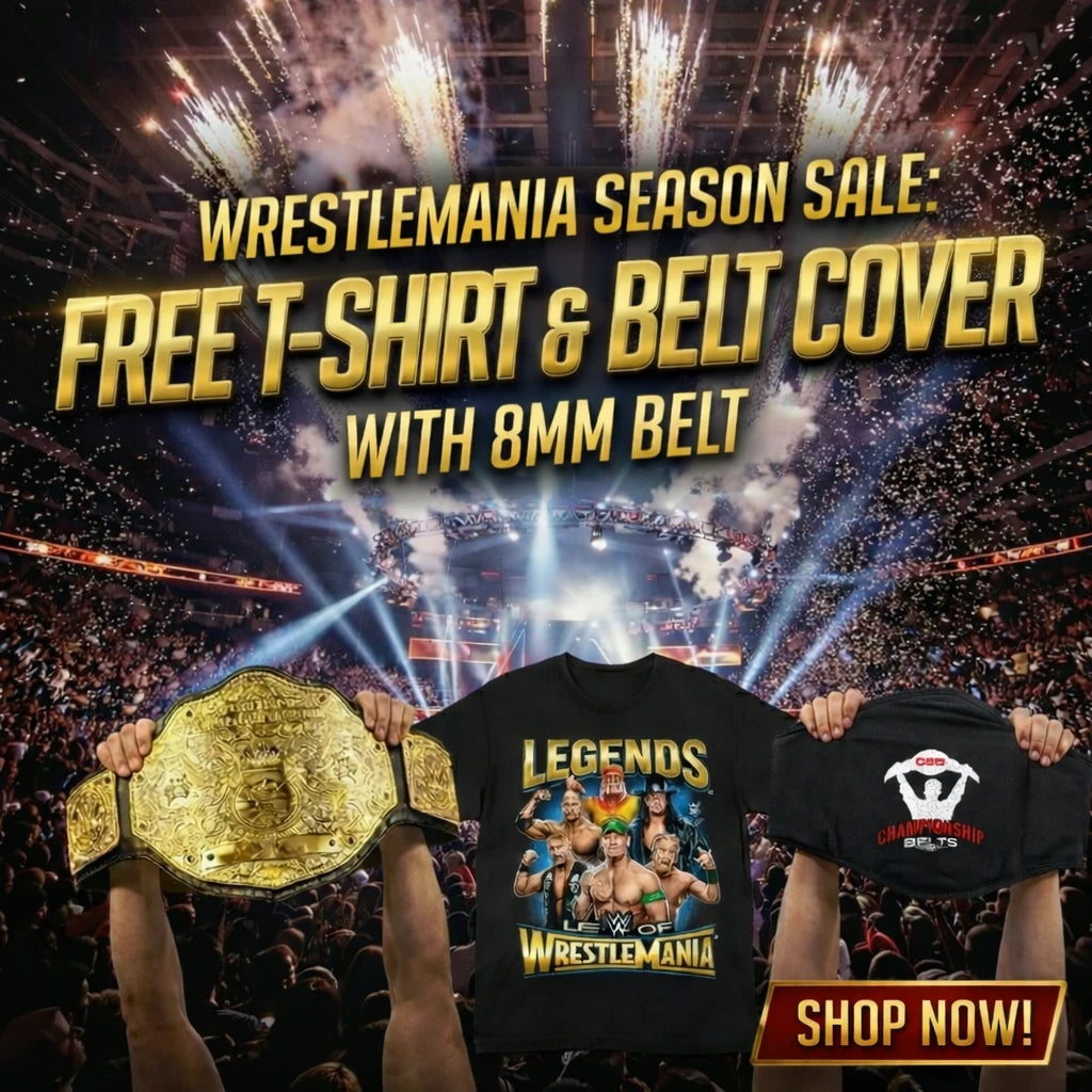 Promotional image for Wrestlemania with free t-shirt and a belt cover.