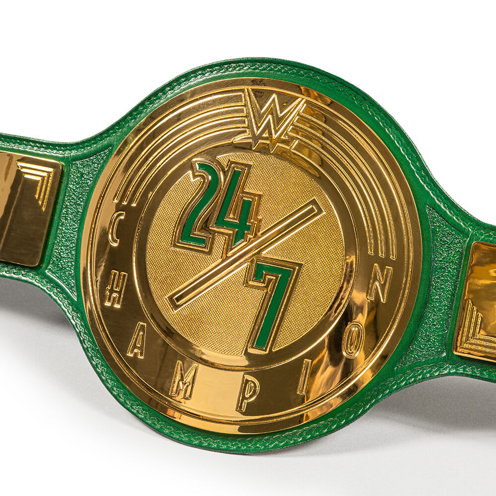 WWE 24/7 Championship belt for sale with green leather strap and gold detailed center plate