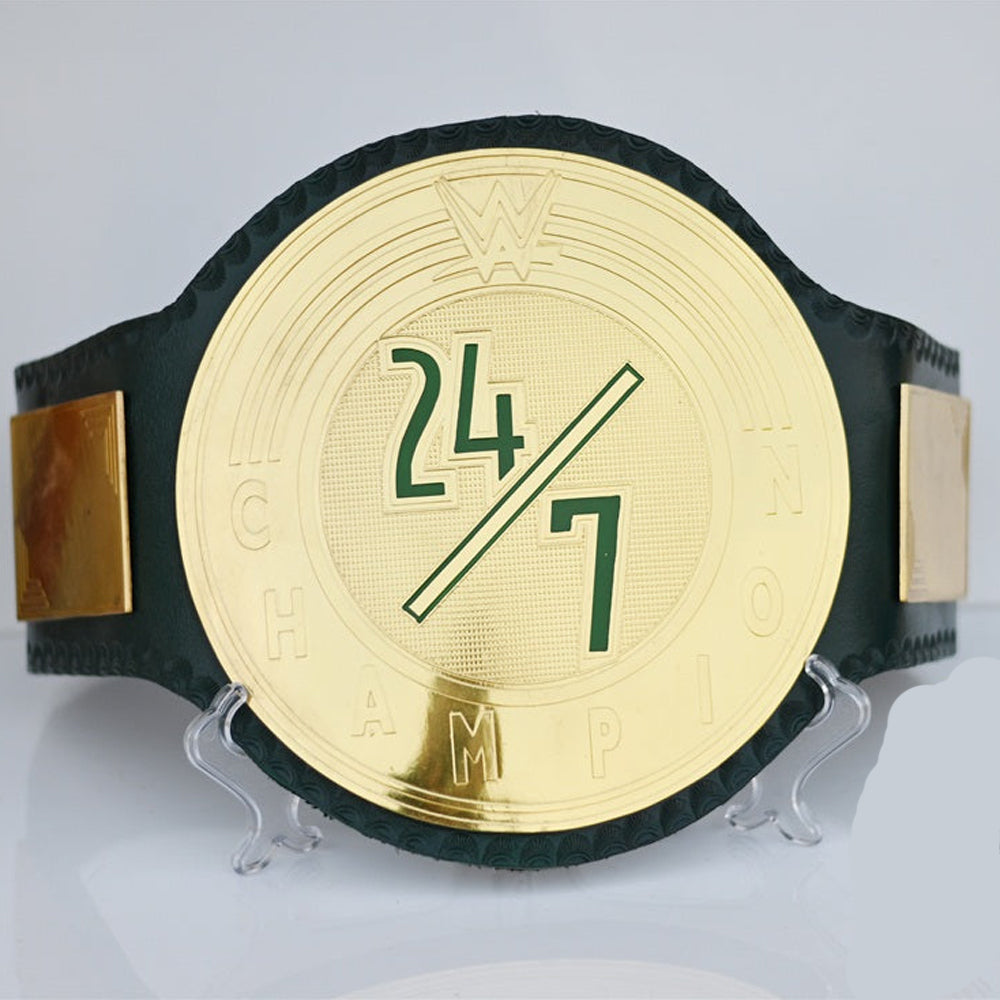 WWE 24/7 Championship belt for sale with gold center plate and black leather strap