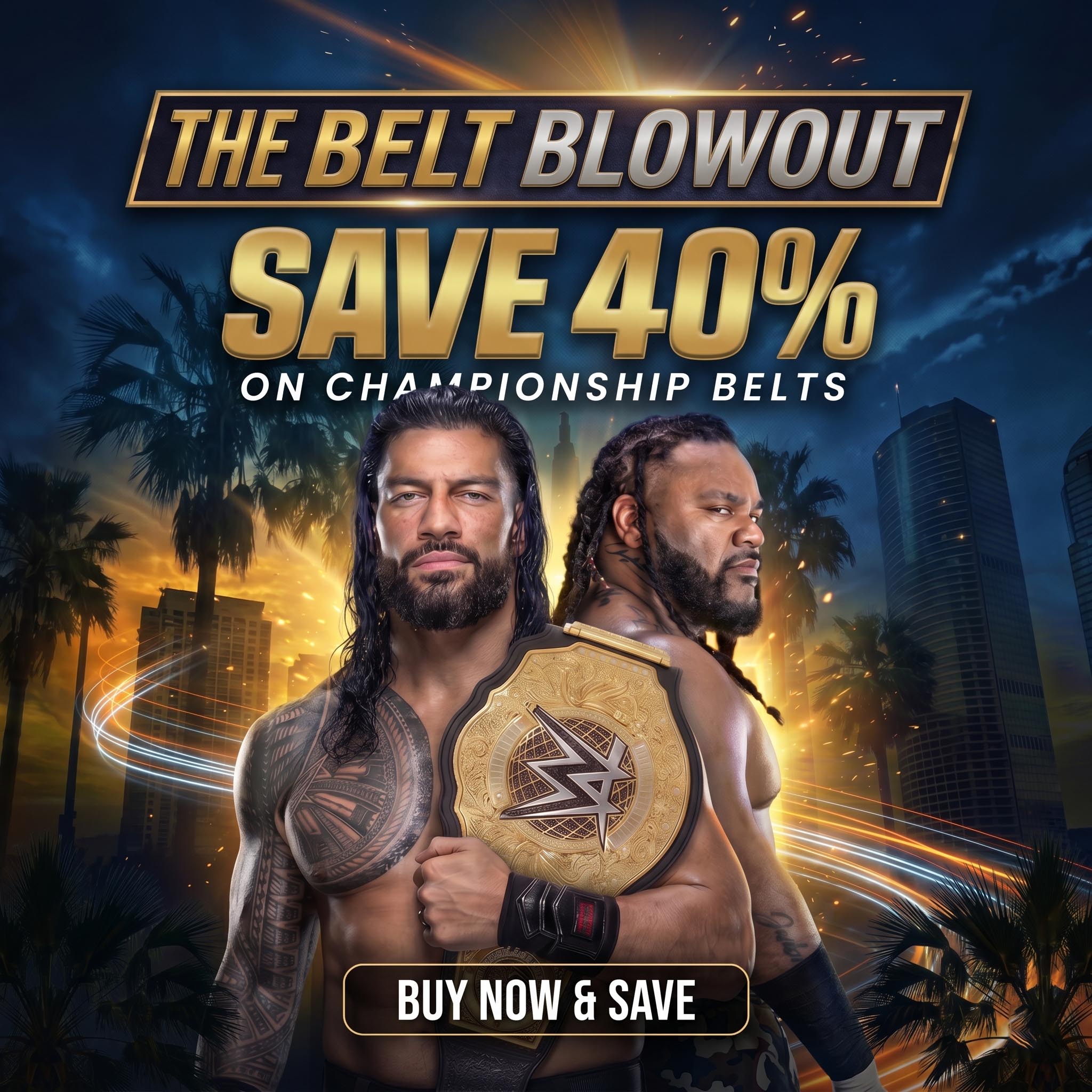 Belt Blowout sale banner featuring Roman Reigns, offering fans 40% off on premium championship belts