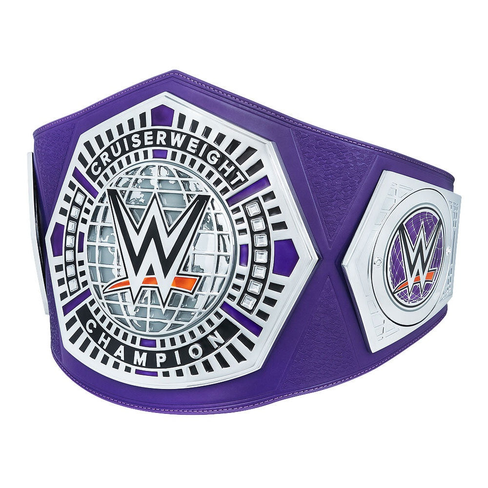 WWE cruiserweight championship belt with purple strap and silver detailed plates by Championship Belts Online