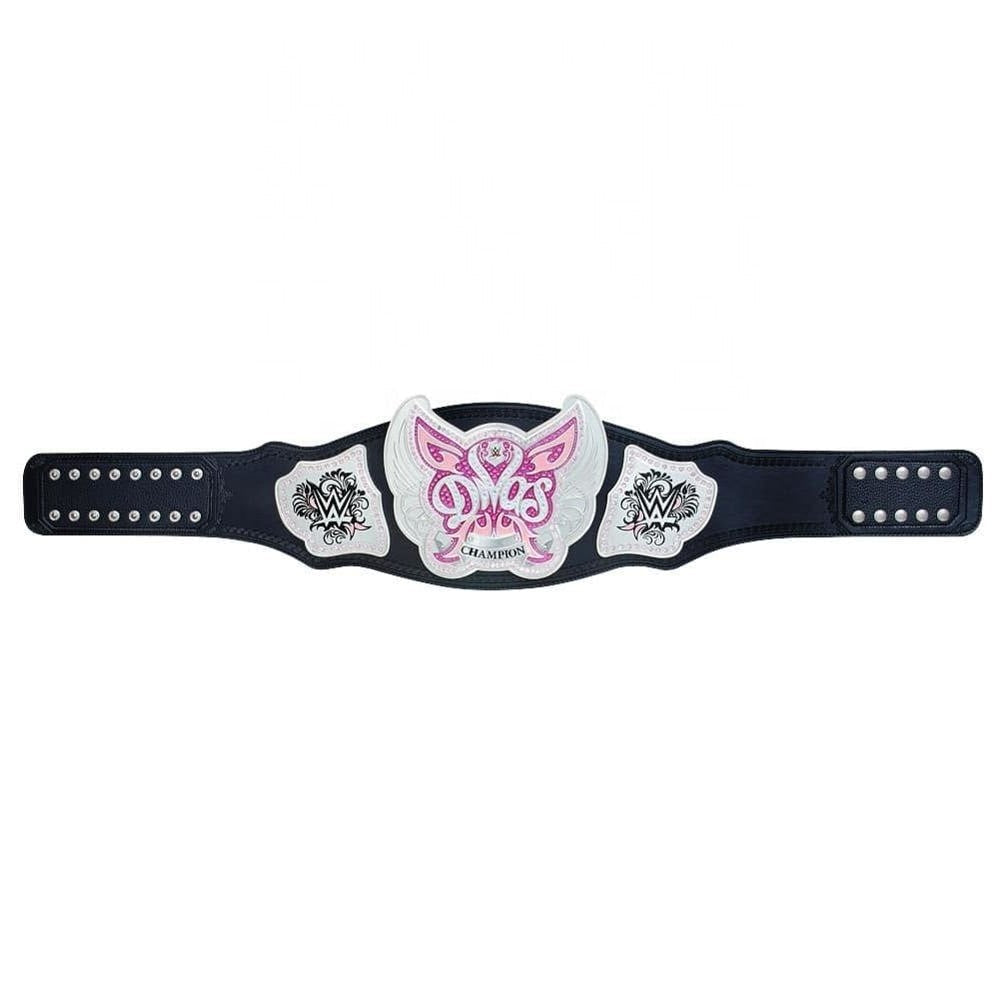 WWE Divas Champion Belt replica laid flat to display the full black strap and center plate design for collectors & fans.