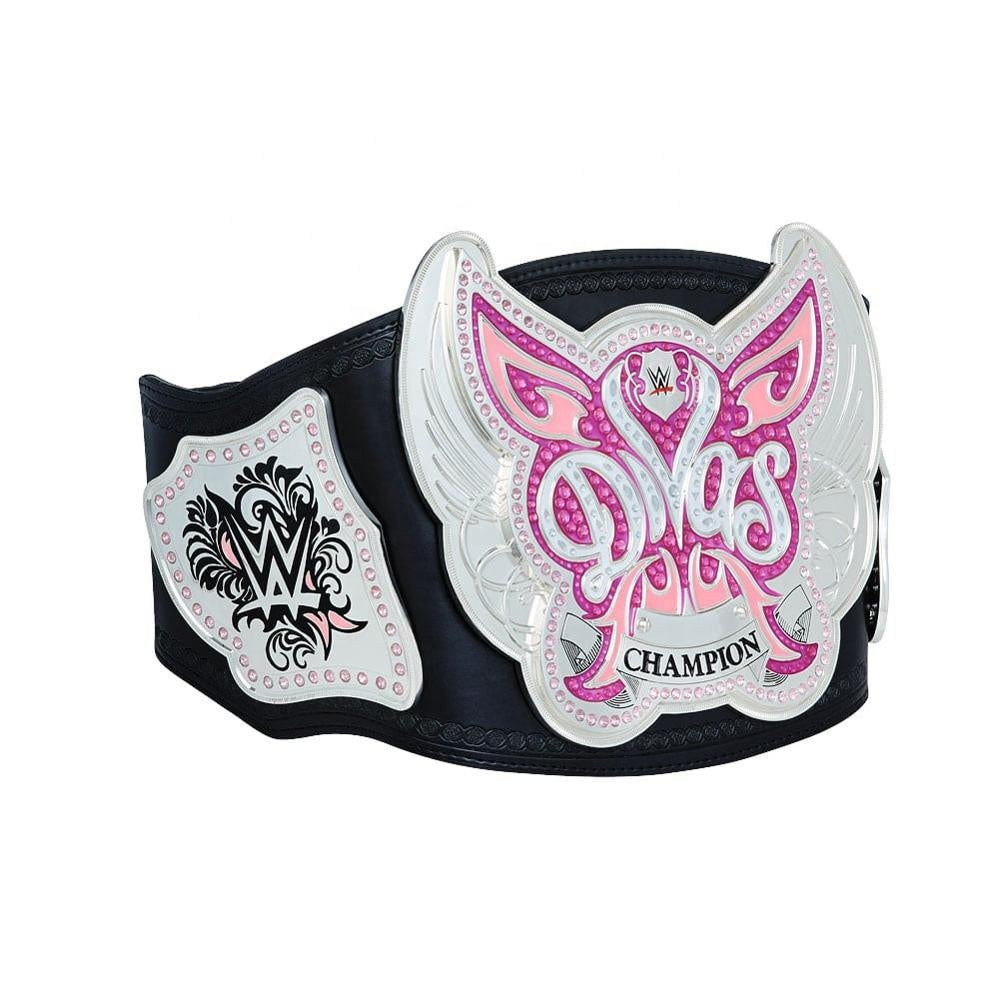 Side angle view of the WWE Divas Championship Replica showing the strap texture and side emblems with detailing.