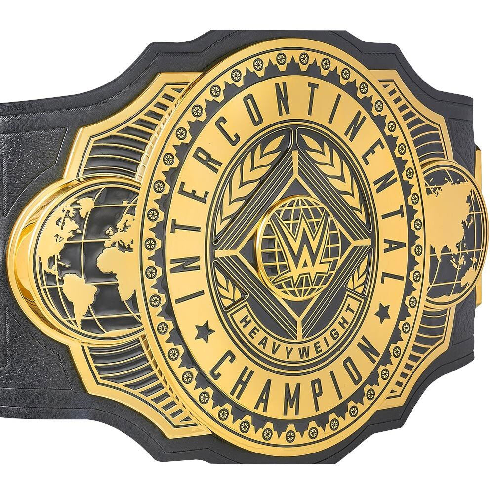 WWE Intercontinental Championship belt with gold plate and black leather strap from Championship Belts Online