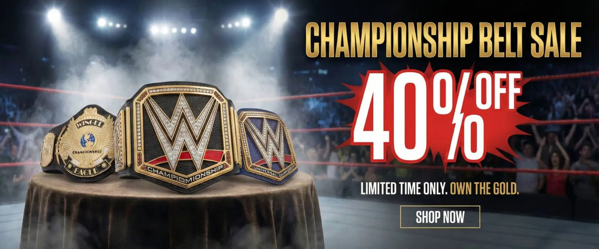 A professional display of world heavyweight championship belts, featuring a 40% off sale for championship belts online.