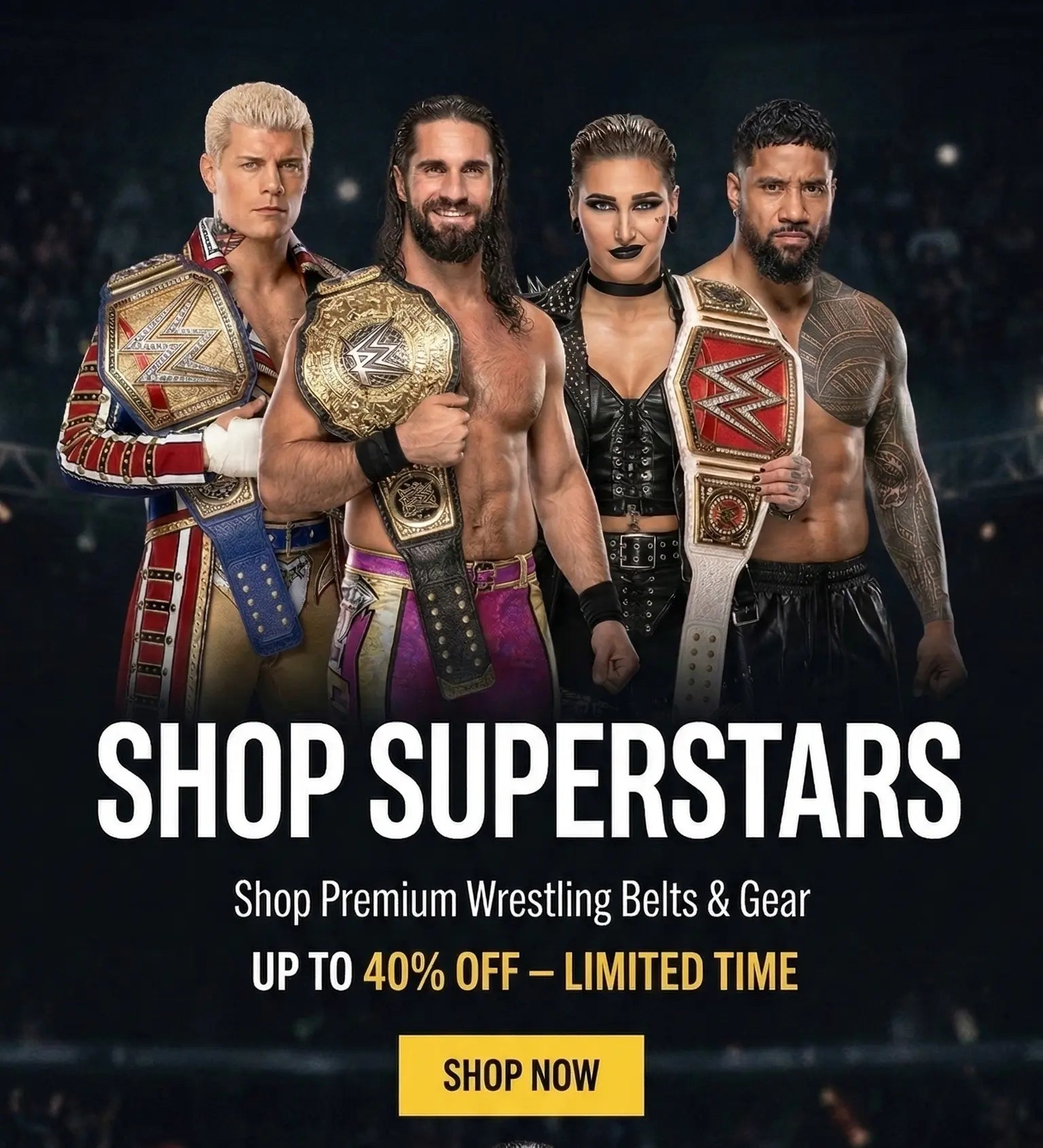 Four wrestlers holding championship belts with promotional text for 40% off on premium wrestling belts and gear.