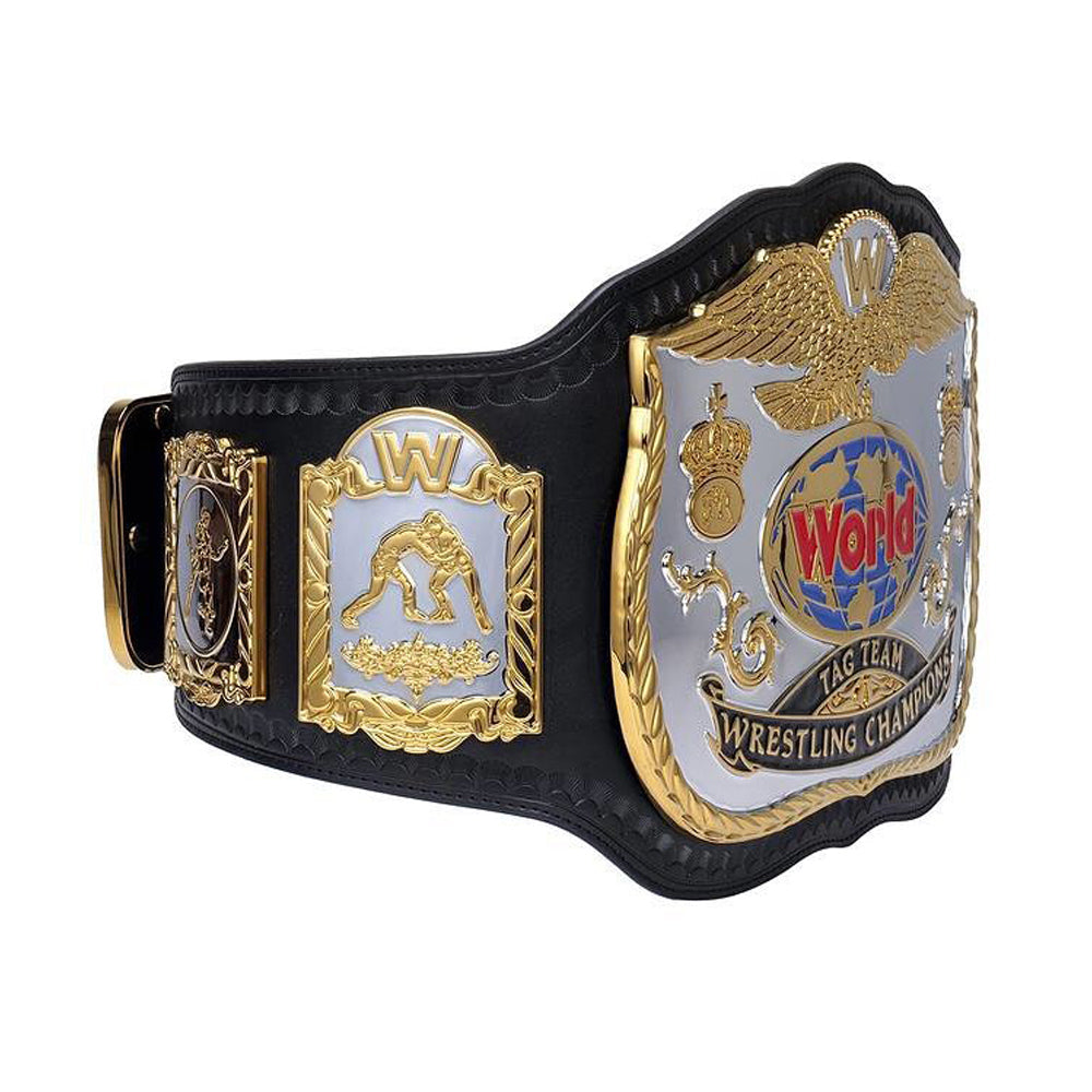 WWE Tag Team Championship Belt with gold and silver plating on black leather strap