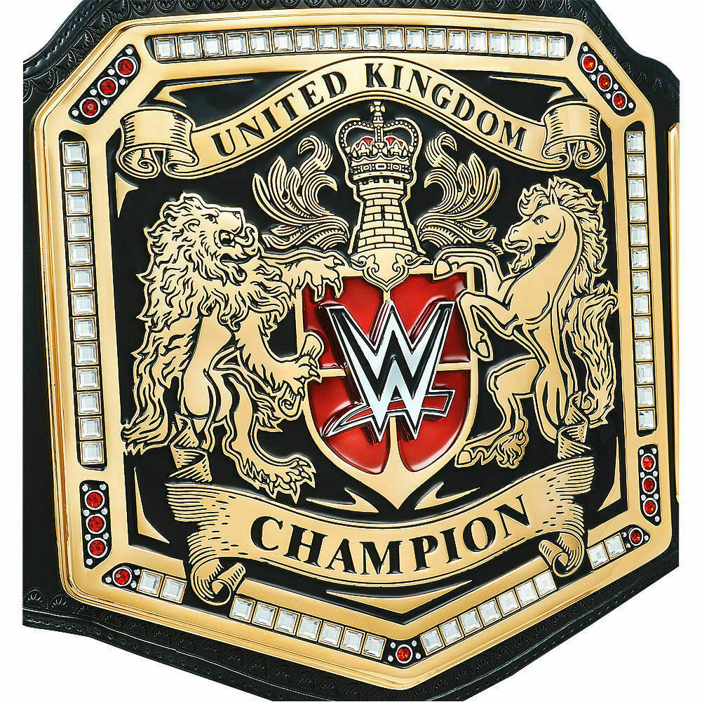 WWE UK championship belt with gold detailing featuring United Kingdom crest and WWE logo