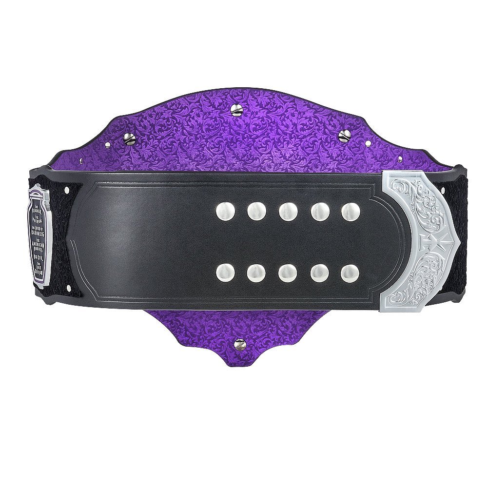 WWE Undertaker championship belt with black strap and purple detailed back from Championship Belts Online