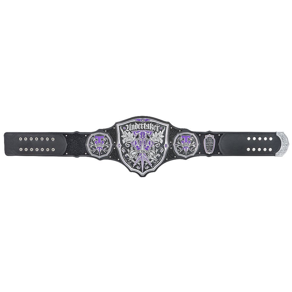 WWE Undertaker championship belt with black leather strap and intricate silver and purple detailing