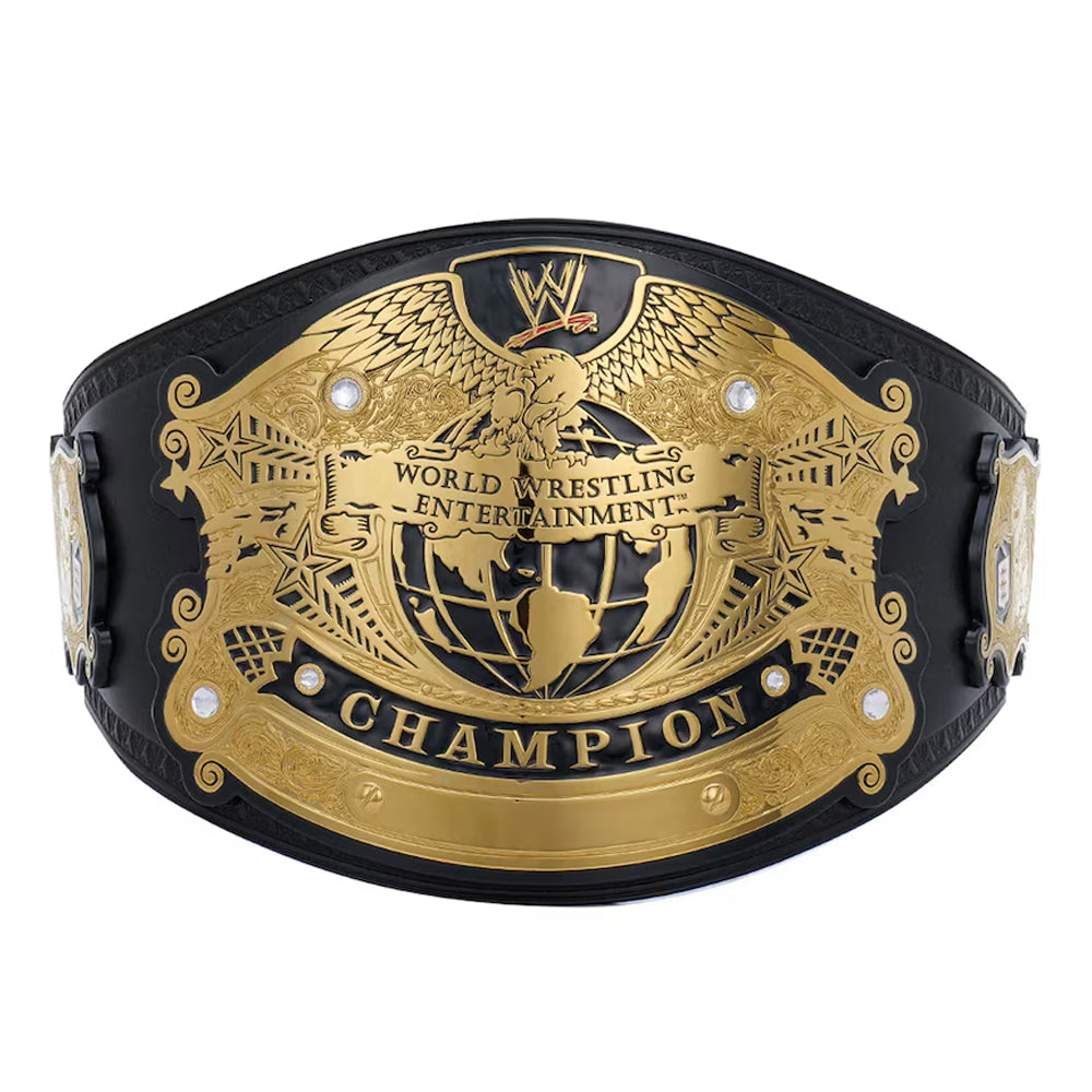 WWE Undisputed Championship replica belt with gold detailing and black leather strap from Championship Belts Online