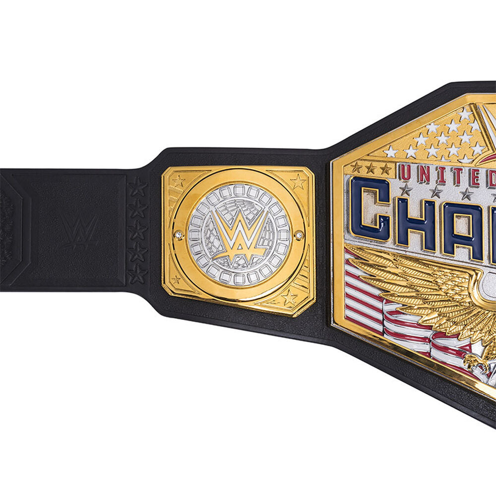 Close-up of WWE United States Championship belt showing gold plates with American flag and WWE logo