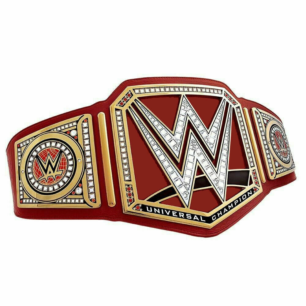WWE Universal Championship belt with red strap and detailed gold and silver design from Championship Belts Online