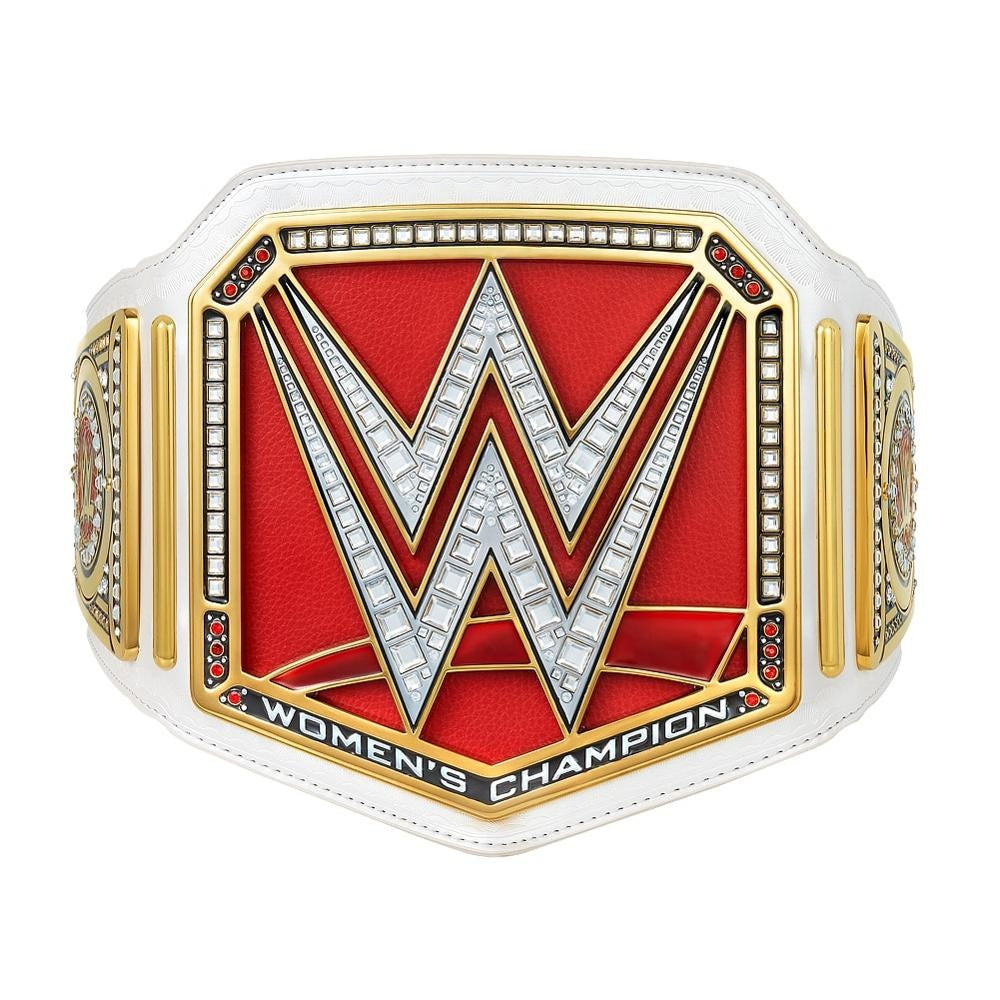 WWE Women's Championship belt with white strap and detailed gold and red design by Championship Belts Online